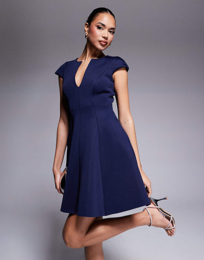 Cap Sleeve Plunging V Neckline Skater Mini Dress