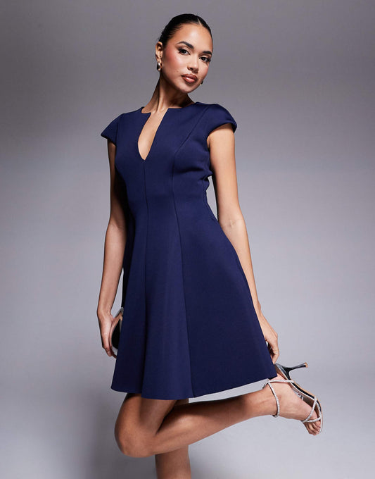Cap Sleeve Plunging V Neckline Skater Mini Dress