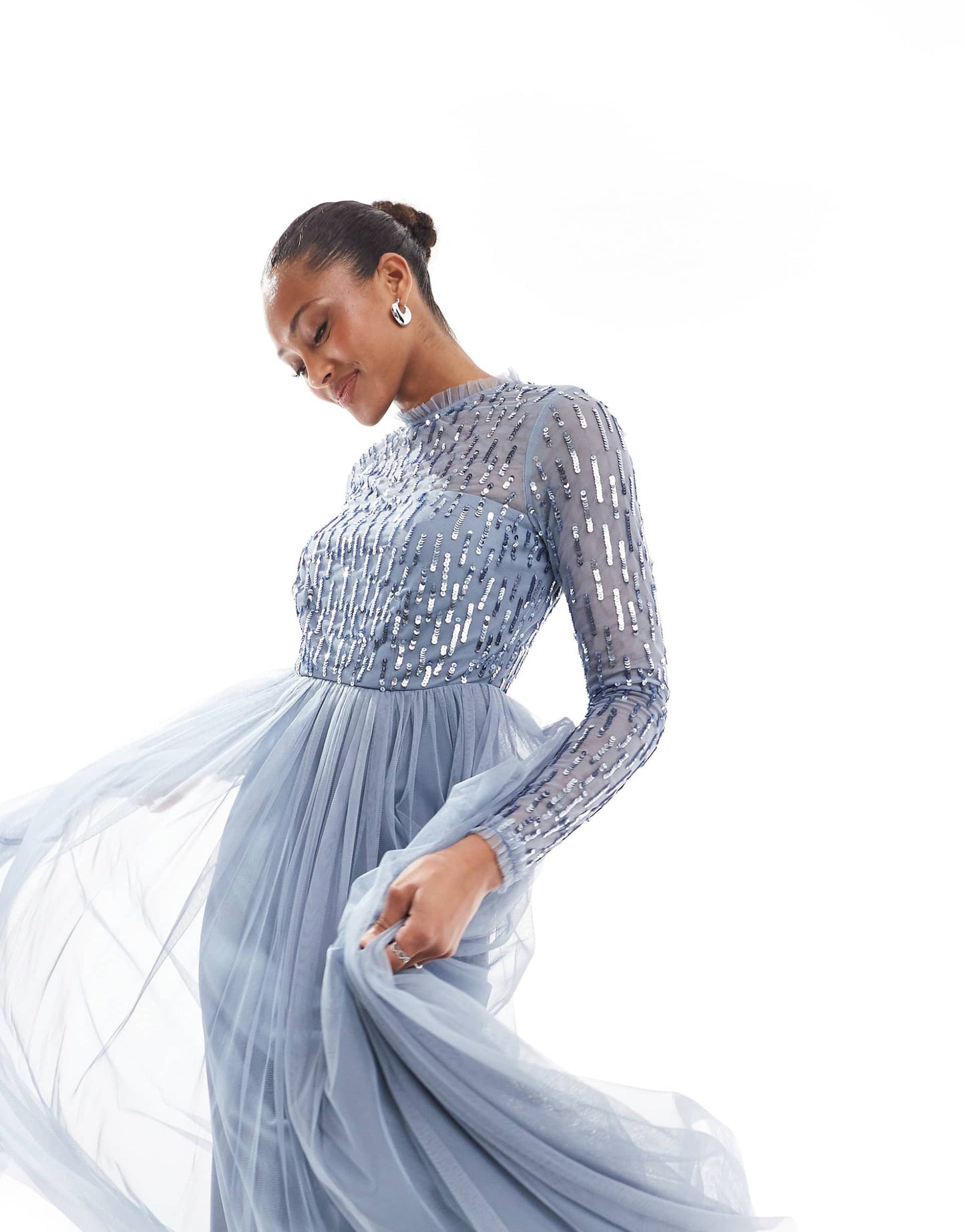 Linear Embellished Long Sleeve Maxi Dress