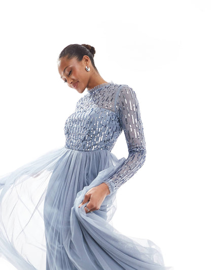 Linear Embellished Long Sleeve Maxi Dress