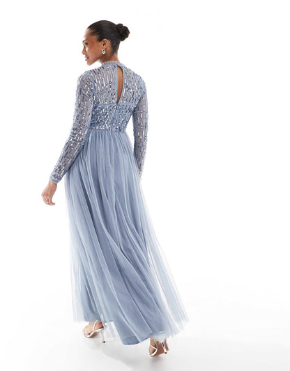 Linear Embellished Long Sleeve Maxi Dress