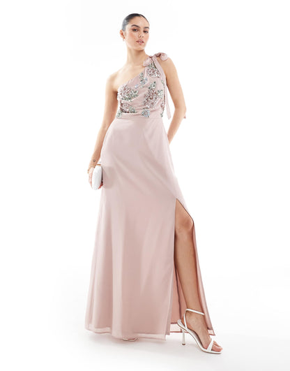 Floral Embellished Self-Tie One Shoulder Maxi Dress