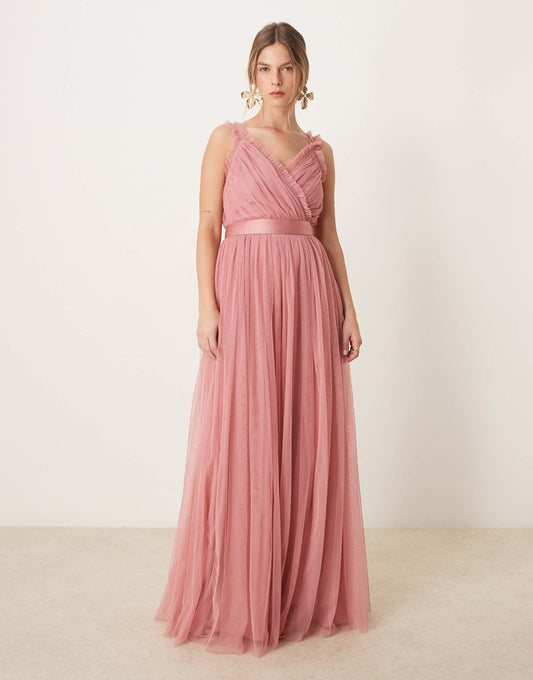 Frill Faux Wrap Strappy Maxi Bridesmaid Dress