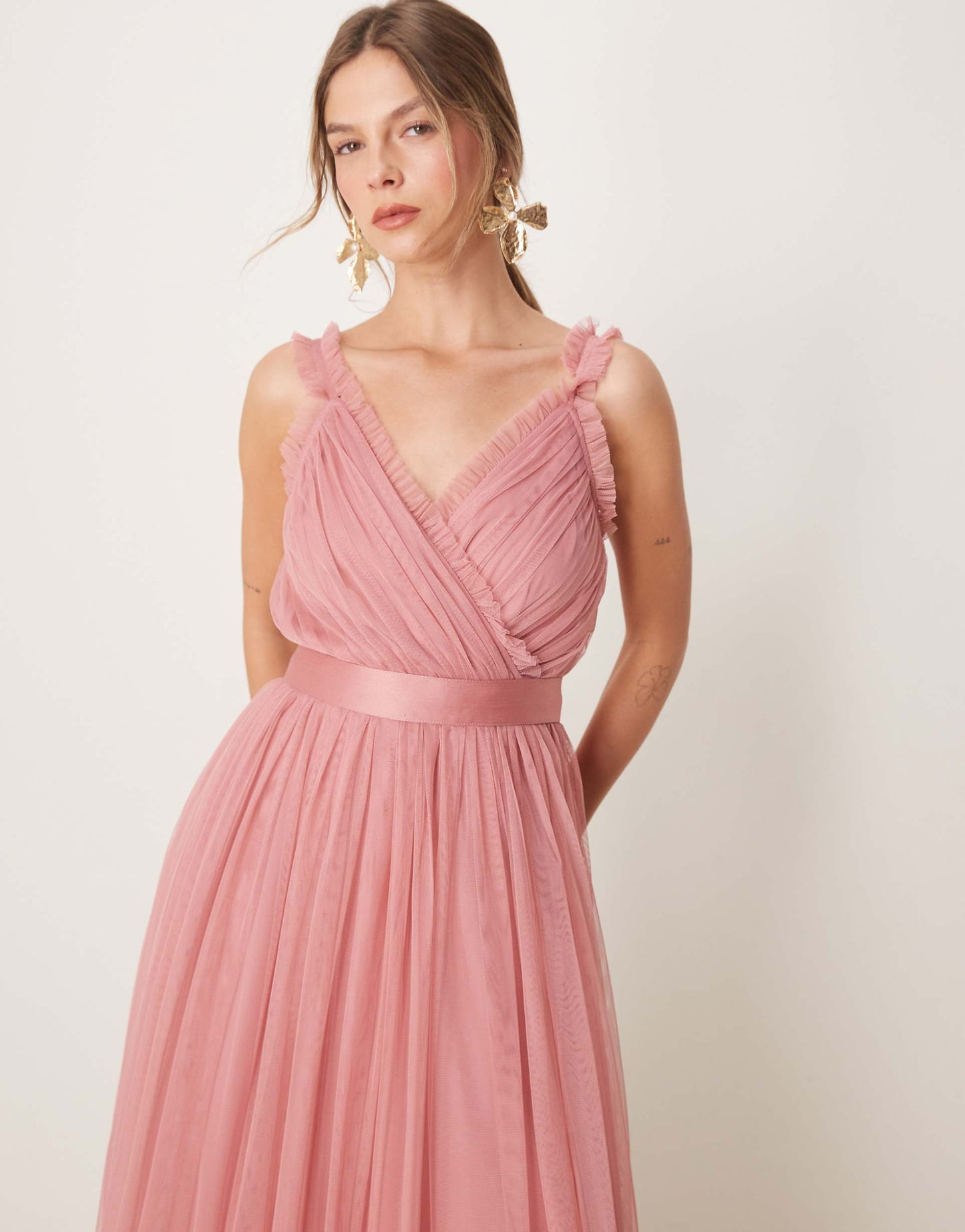 Frill Faux Wrap Strappy Maxi Bridesmaid Dress