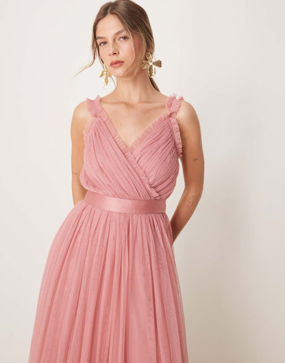 Frill Faux Wrap Strappy Maxi Bridesmaid Dress