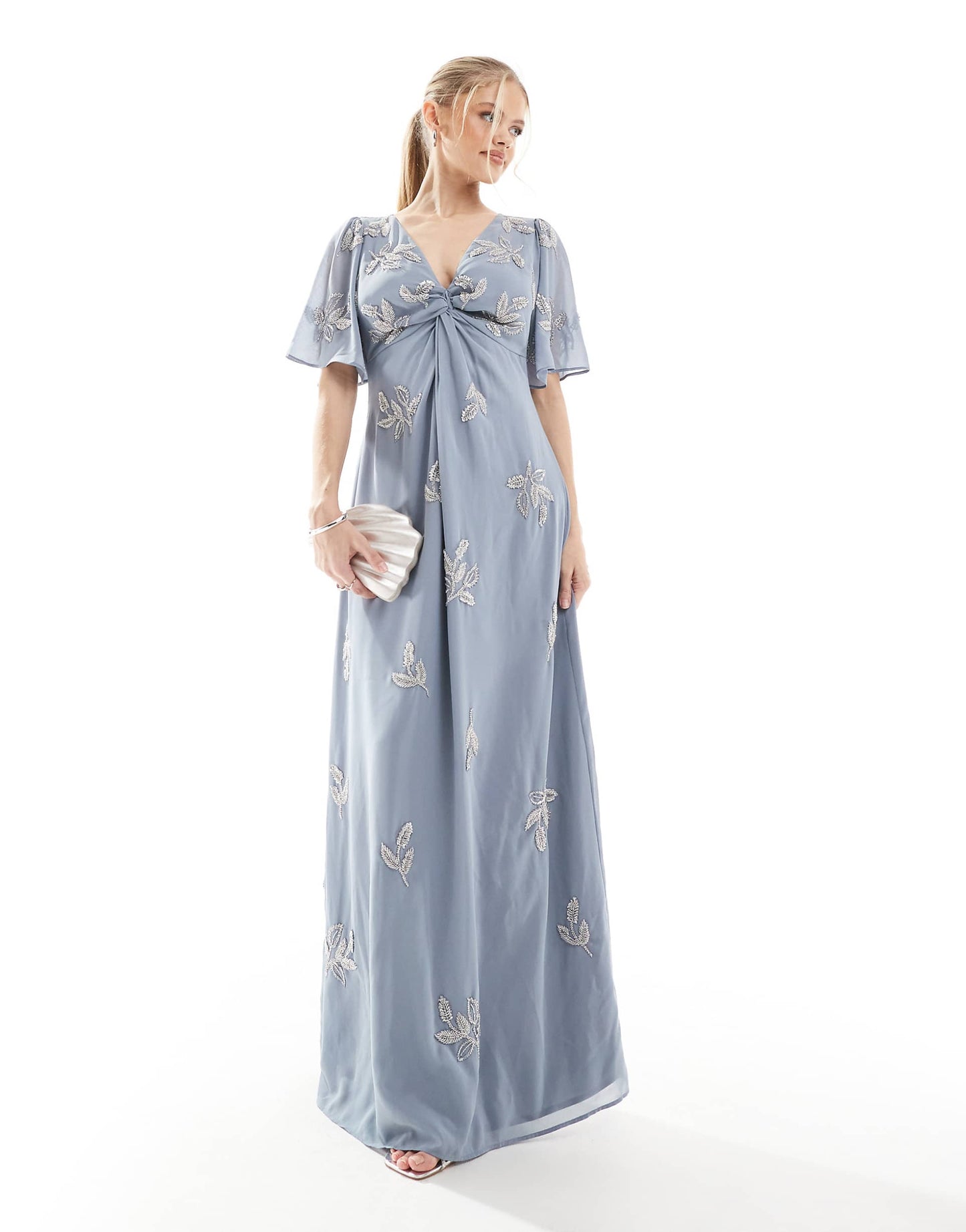 Embellished Short Angel Sleeve Maxi Dress