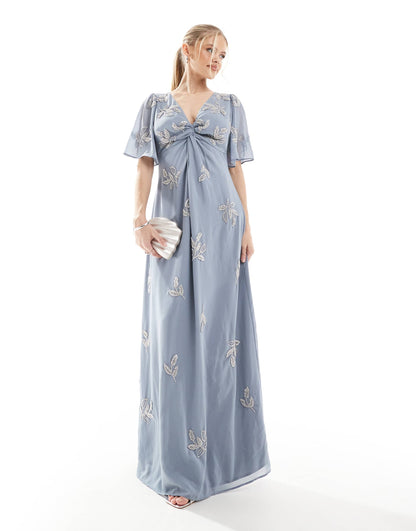 Embellished Short Angel Sleeve Maxi Dress