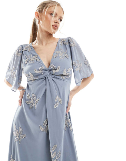 Embellished Short Angel Sleeve Maxi Dress