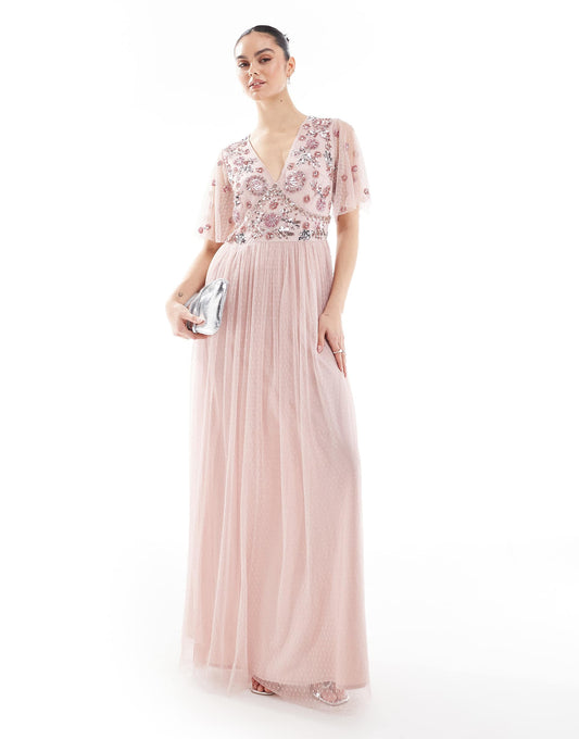 Floral Embellished Spot Mesh Maxi Bridesmaid Dress