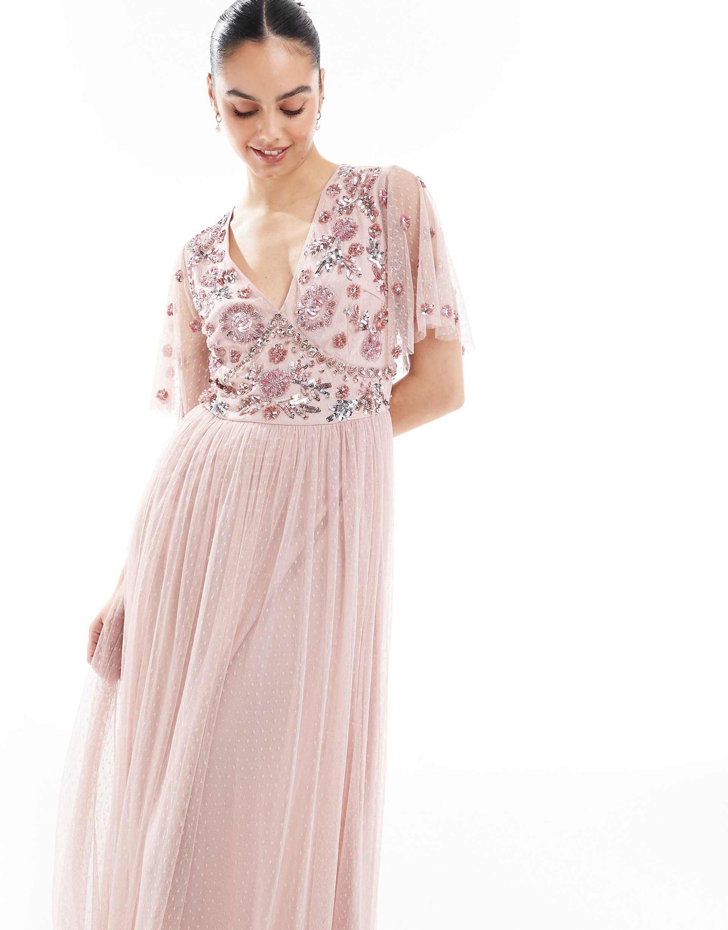 Floral Embellished Spot Mesh Maxi Bridesmaid Dress