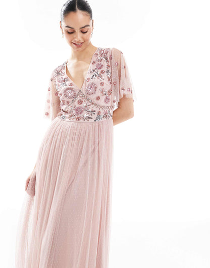 Floral Embellished Spot Mesh Maxi Bridesmaid Dress