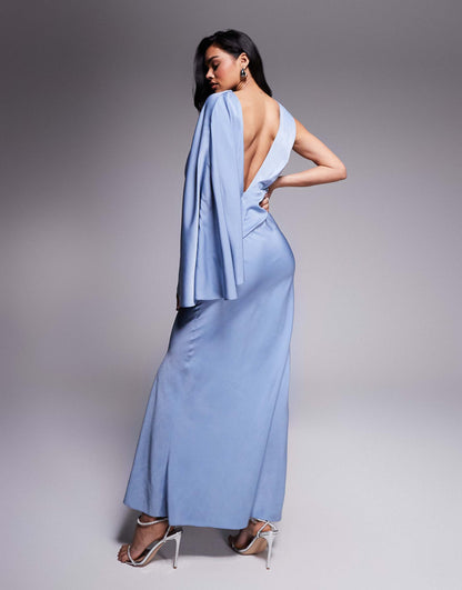 Satin Drape Maxi Dress With Asymmetric Exaggerated Sleeve