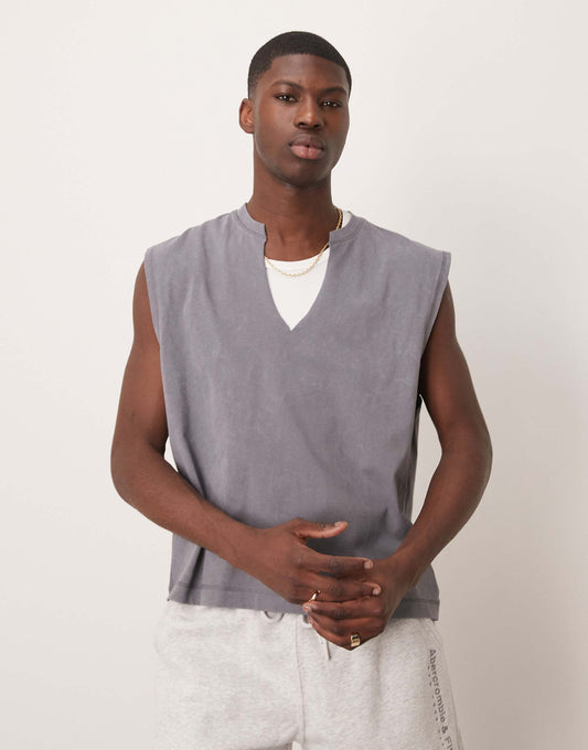 Oversized Heavyweight Washed Vest With V-Neck 220Gsm