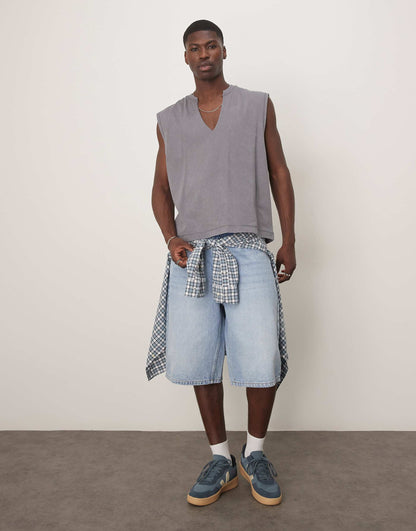 Oversized Heavyweight Washed Vest With V-Neck 220Gsm