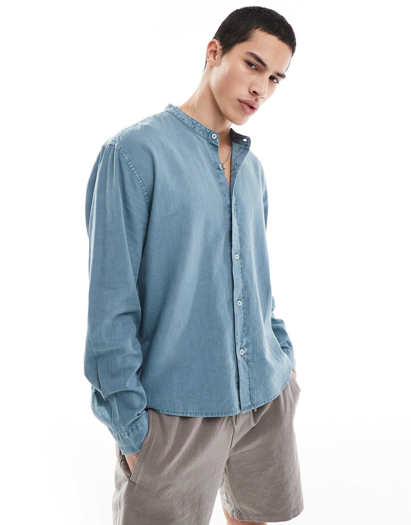 Long Sleeve Textured Grandad Shirt