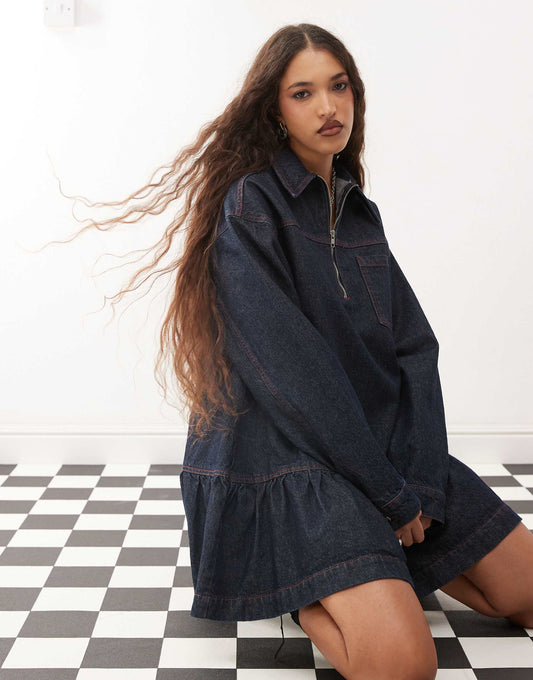 Denim Mini Smock Dress In Indigo