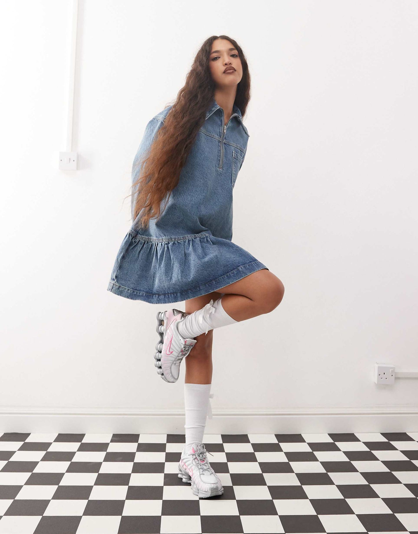 Denim Mini Smock Dress In Midwash