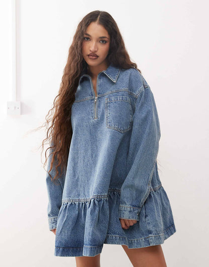 Denim Mini Smock Dress In Midwash