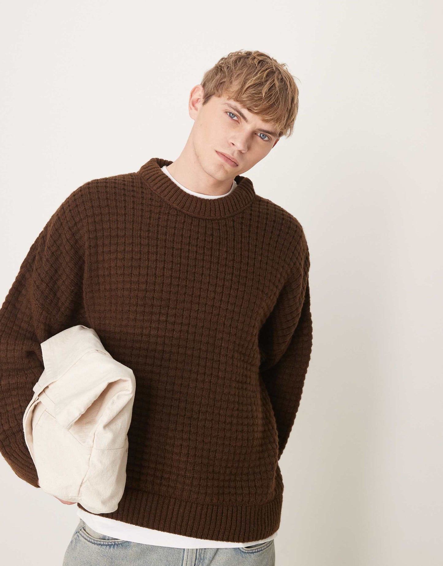 Super Oversized Boxy Fit Waffle Texture Knitted Crew Neck Jumper