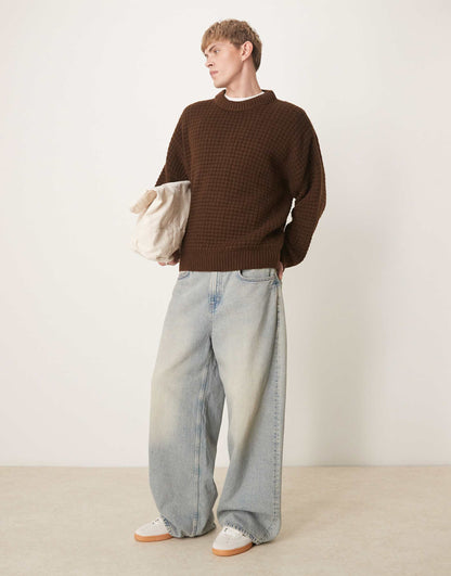 Super Oversized Boxy Fit Waffle Texture Knitted Crew Neck Jumper