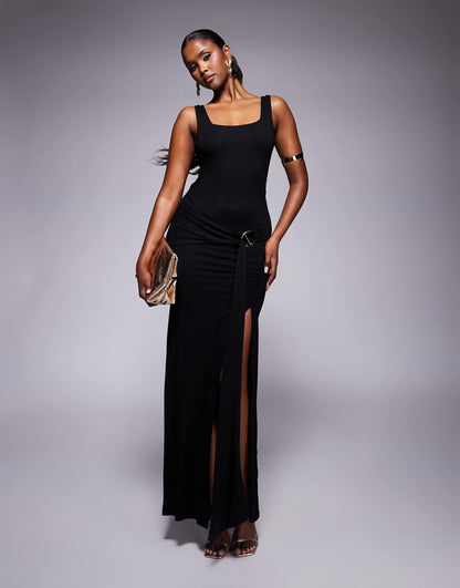 Square Neck Maxi Dress With Hardware Trim And Tie Waist Detail