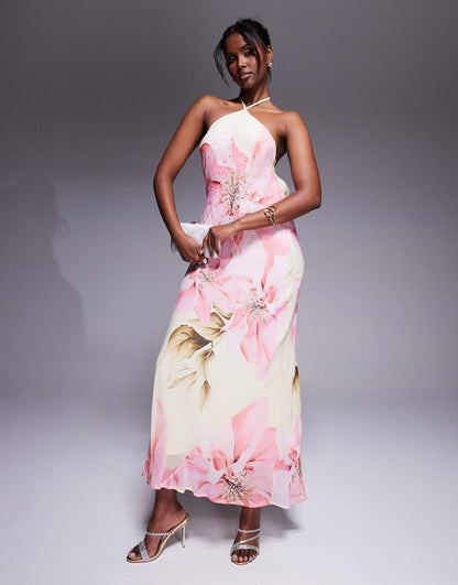 Floral Halterneck Maxi Dress With Embellished Detail