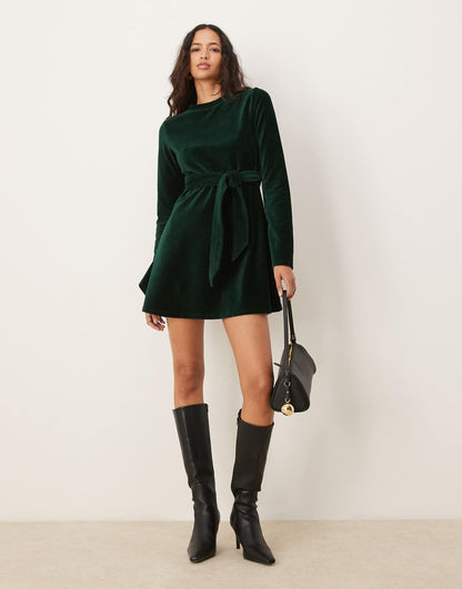 Velvet Cord Mini Tie Dress With Flute Sleeve