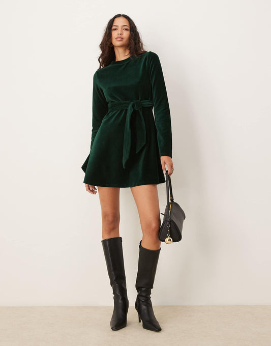 Velvet Cord Mini Tie Dress With Flute Sleeve