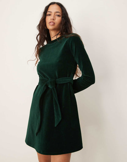 Velvet Cord Mini Tie Dress With Flute Sleeve