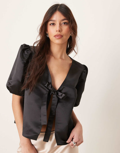 Tie Front Structured Satin Blouse