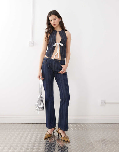 Denim Halterneck Bow Split Front Top & Low Rise Flared Jeans
