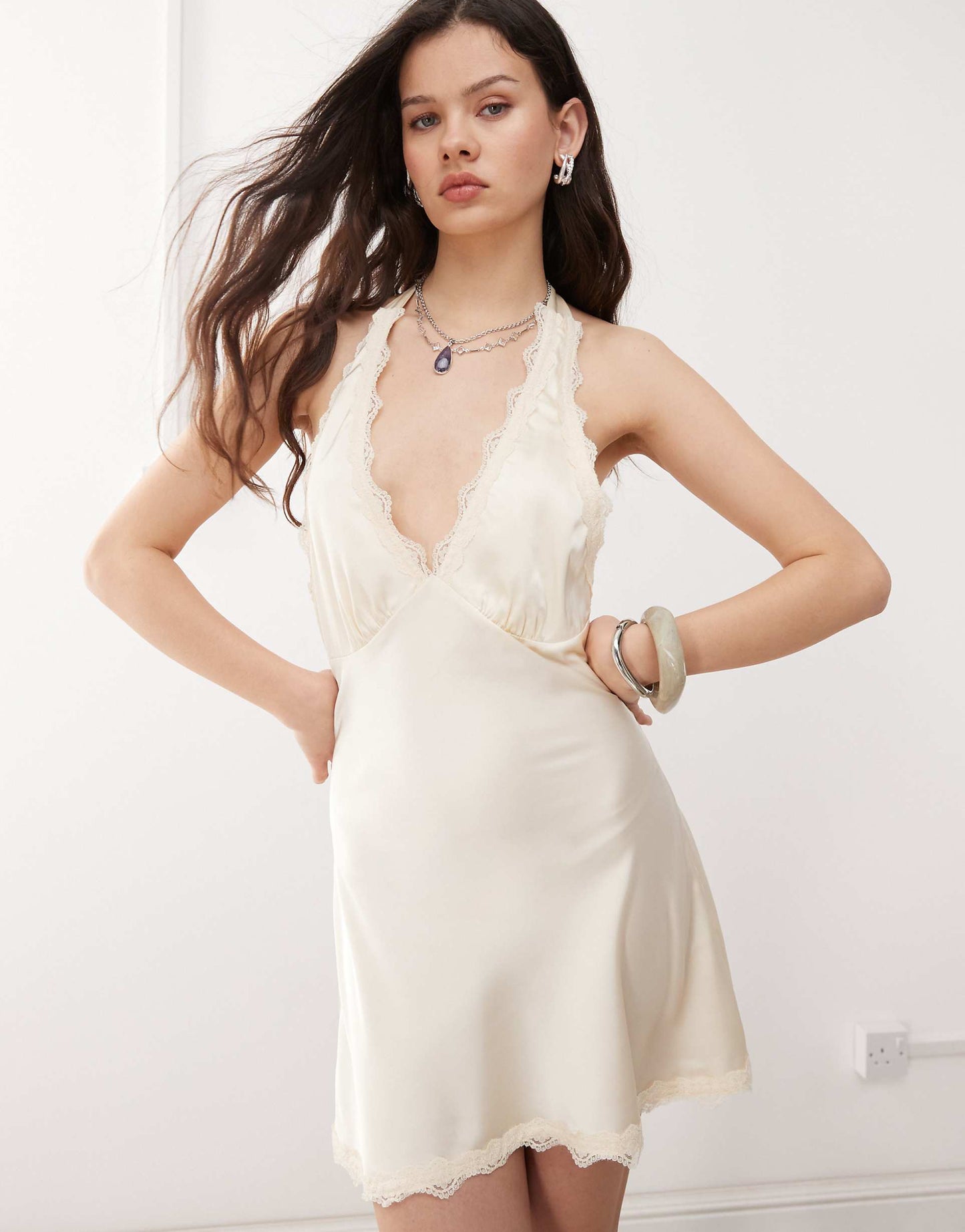 Satin Lace Trim Halterneck Plunge Mini Slip Dress