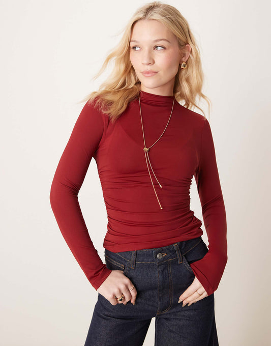 Ruched Side High Neck Polyamide Top