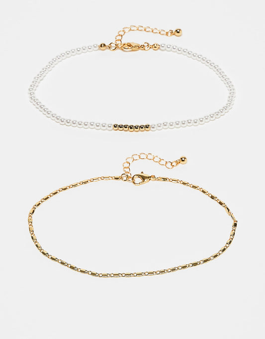 Curve 14K Gold Plated Pack Of 2 Anklets With Faux Pearl  And Fine Chain Design