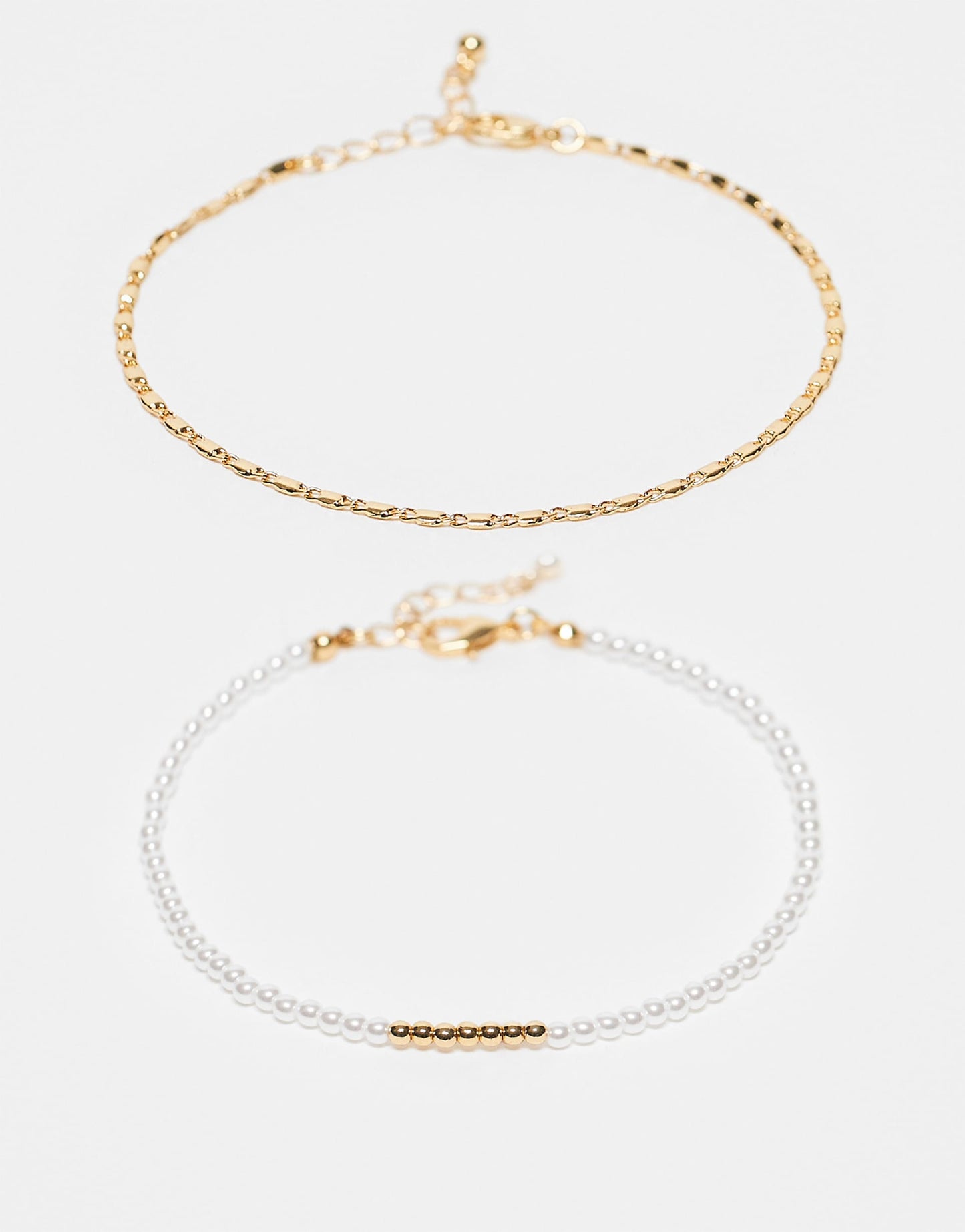 14K Gold Plated Pack Of 2 Anklets With Faux Pearl  And Fine Chain Design