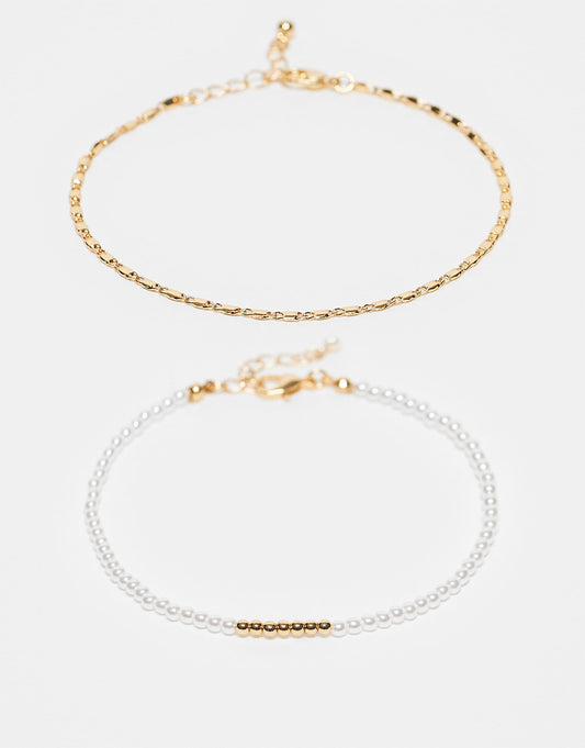 14K Gold Plated Pack Of 2 Anklets With Faux Pearl  And Fine Chain Design