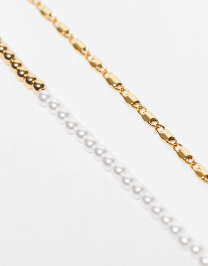 14K Gold Plated Pack Of 2 Anklets With Faux Pearl  And Fine Chain Design