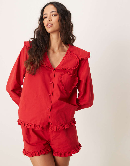 Cotton Heart Pocket Pyjama Shirt Co Ord