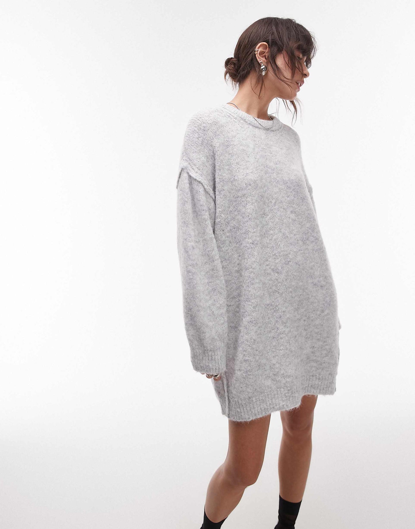 Knitted Oversized Crew Mini Dress With Exposed Seam Detail