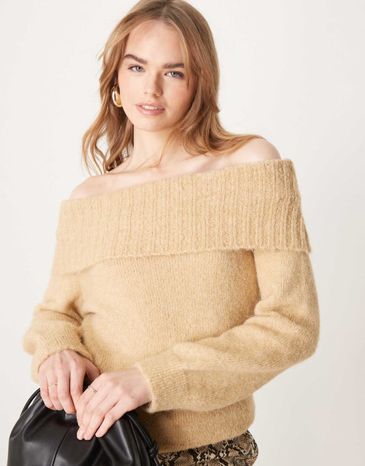 Wool Blend Bardot Off Shoulder Jumper