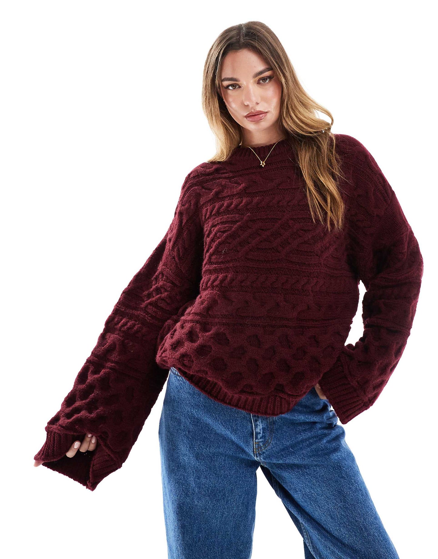 3D Cable Knit Jumper With Wide Cuff