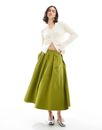 Box Pleat Cotton Volume Midi Skirt