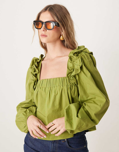 Poplin Ruffle Trapeze Blouse