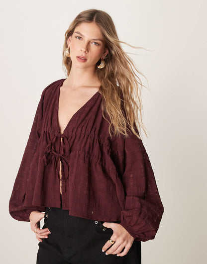 Textured Plunge Tie Detail Blouse