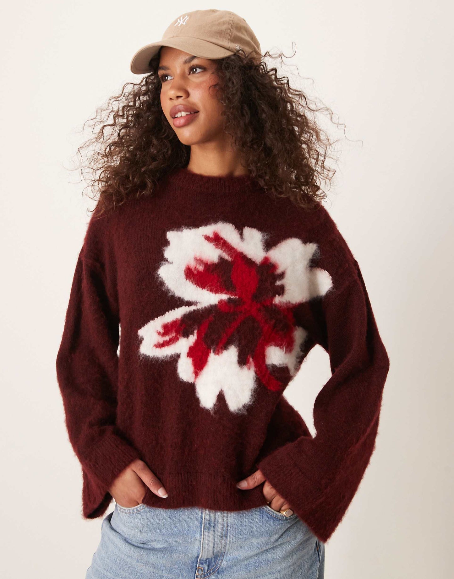 Brushed Knitted Jumper With Flower Design