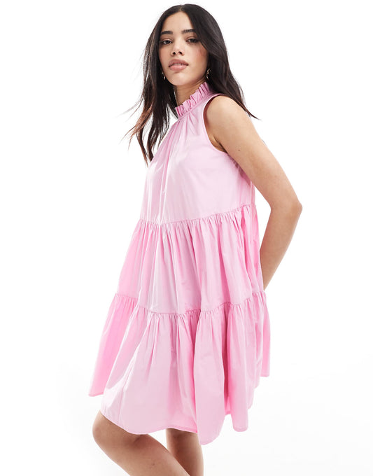 High Neck Tiered Poplin Mini Dress