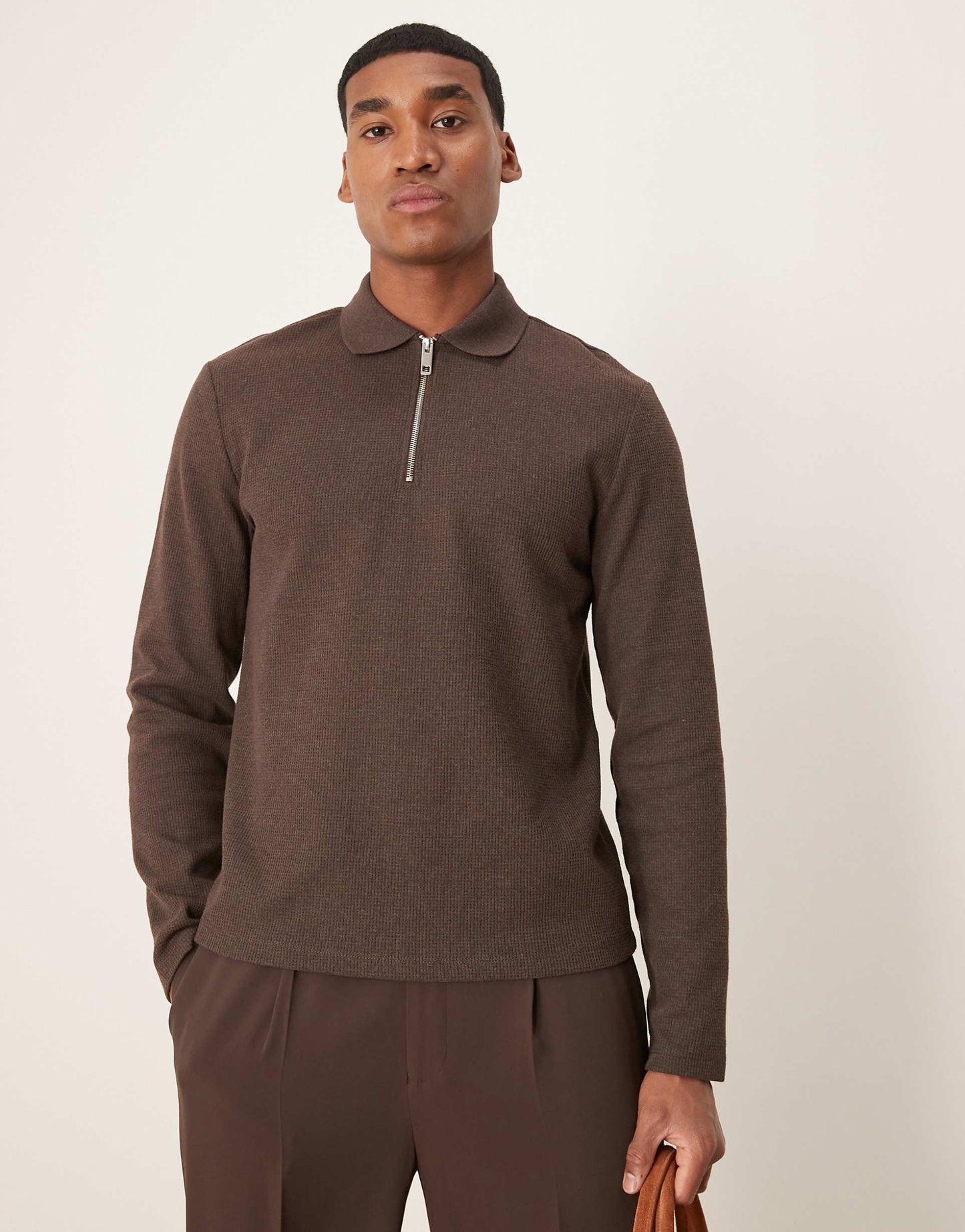 Long Sleeve Polo Shirt With Waffle Texture