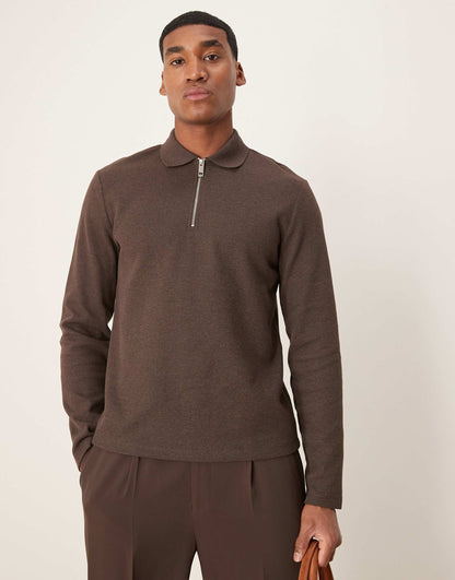 Long Sleeve Polo Shirt With Waffle Texture