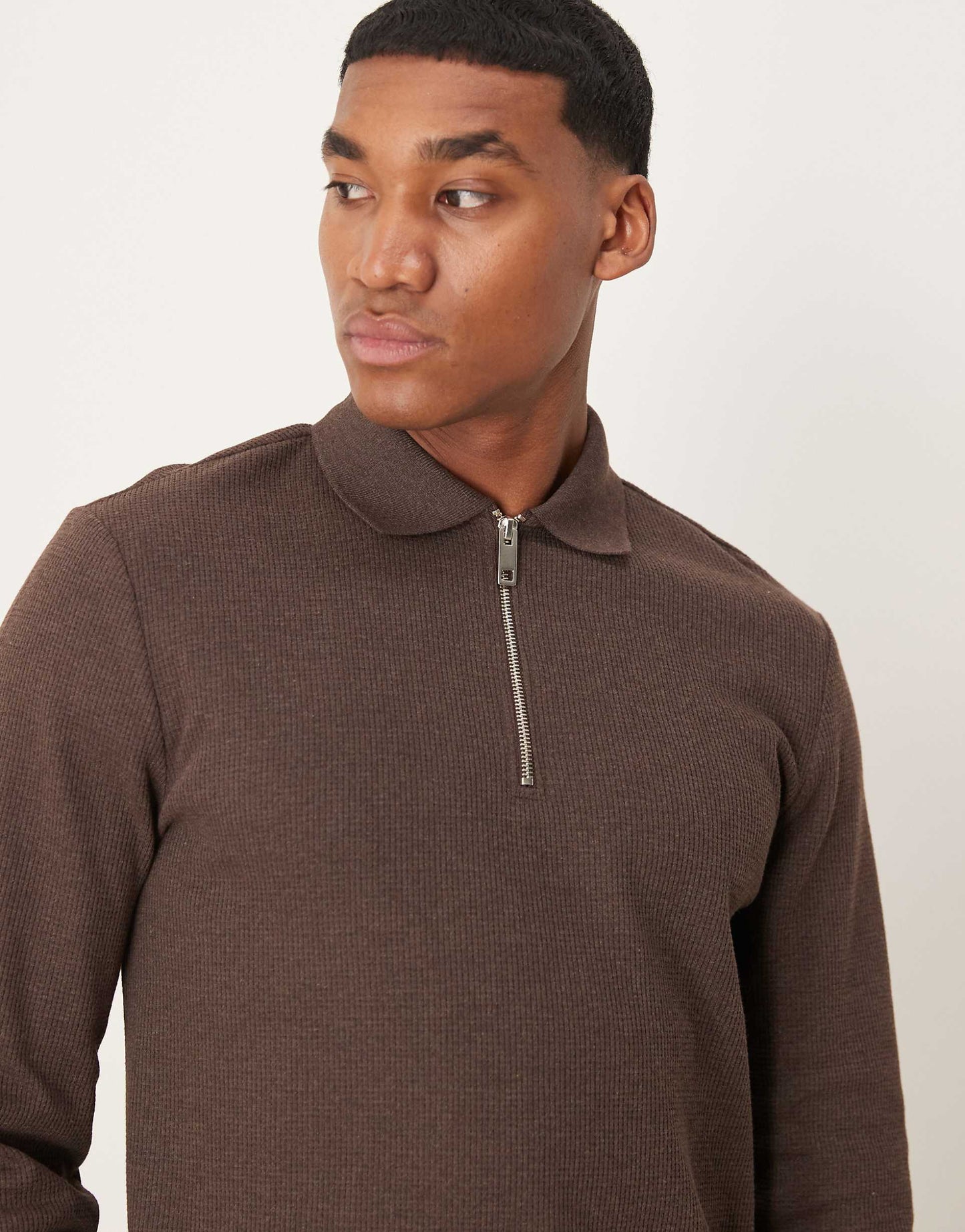 Long Sleeve Polo Shirt With Waffle Texture