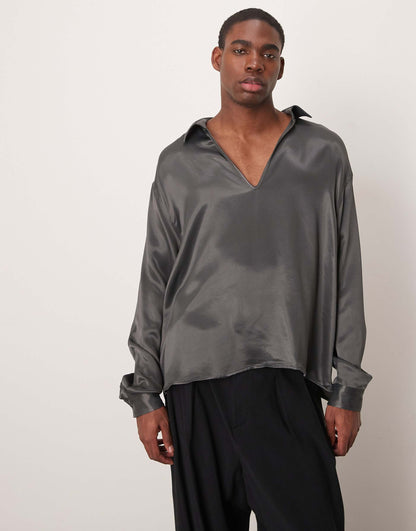 Long Sleeve Satin Shirt With Deep V